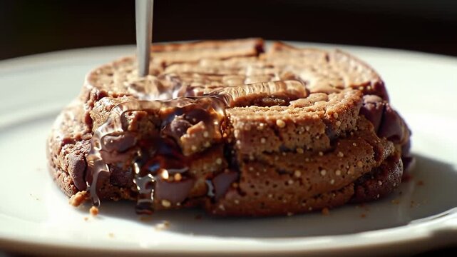 A chocolate chip cookie on a white plate with syrup drizzled on top