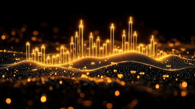 Radiant Golden Cityscape on a Waving Landscape of Digital Particles and Bokeh