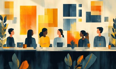 Abstract illustration depicting a diverse team of professionals from various cultural backgrounds actively participating in a strategic corporate meeting, emphasizing collaboration, Generative AI