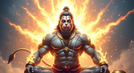 Naklejka premium Lord hanuman, the powerful hindu deity, depicted in a meditative pose with a fiery aura, symbolizing strength, devotion, and divine energy