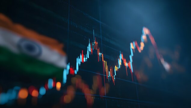 A stock market graph with the Indian flag in the background, representing the Indian stock exchange and its financial atmosphere.