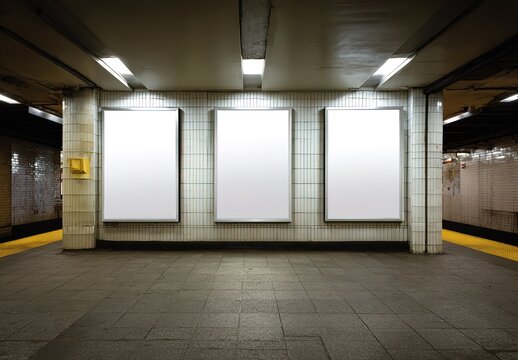 Ground-level view of three vertical billboard mockups on subway walls
