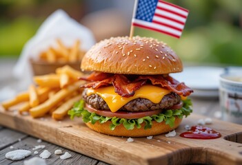 Juicy Bacon Cheeseburger with Crispy Fries and American Flag Picnic