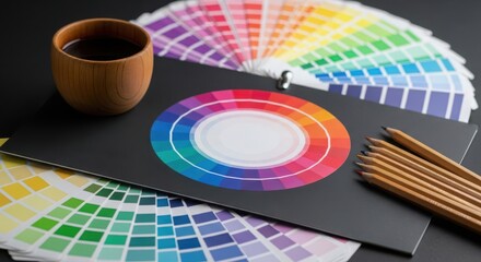 Creative design tools color wheel swatches pencils cup of coffee workspace background