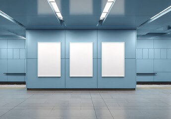 Obraz premium pure blue subway wall with three vertical posters mockups on it, with white empty space