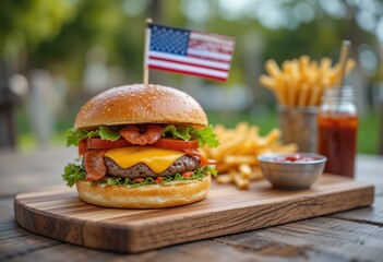 Delicious Cheeseburger with French Fries and American Flag, Festive Fourth of July Meal