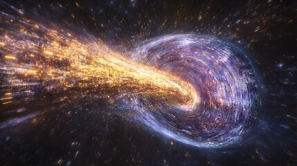 Dynamic Cosmic Collision of a Golden Energy Jet and a Purple Spiral Galaxy, Illustrating a Powerful Astronomical Event or Galactic Merger.