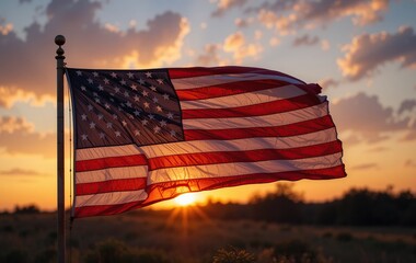 American Flag Waving at Sunset: A Patriotism Symbol