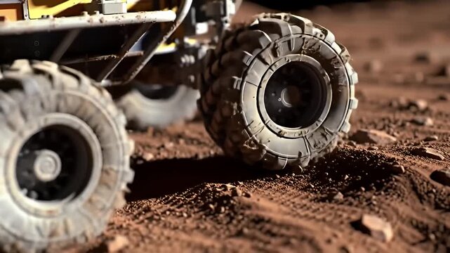 Heavily textured rover wheels roll across an orange, rocky, Martian-like terrain