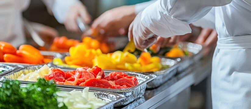 Food preparation: Chefs arrange colorful, sliced vegetables in catering trays.
