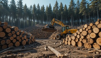 Heavy machinery operating in a dense forest clearing with stacked timber and spruce trees