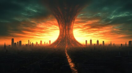 City's fiery destruction, apocalyptic sunset