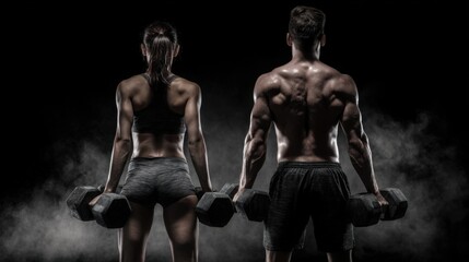A muscular man and woman stand back to back, holding dumbbells. This image represents fitness, strength training, and the dedication to a healthy lifestyle.