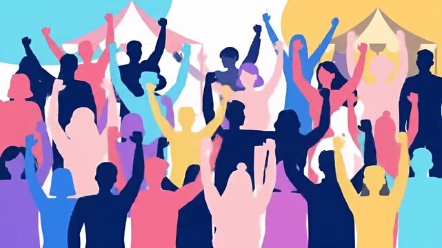 Colorful illustration of a jubilant crowd raising their arms beneath festival tents
