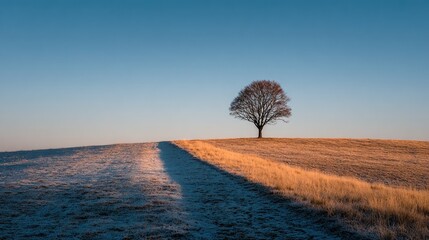 Lonely tree atop a frosted hill at dawn