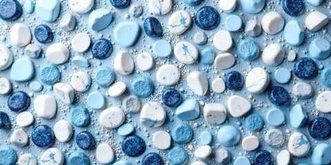 A delightful array of pastel blue and white confectionery delights, meticulously arranged on a textured surface, creating a visually appealing and aesthetically pleasing pattern