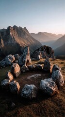 Obraz premium Ancient stone circle atop mountain range at sunrise