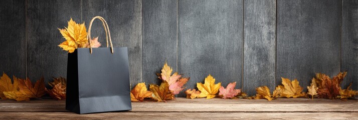 Black Shopping Bag Filled With Autumn Leaves on Wooden Surface Near Weathered Gray Wall