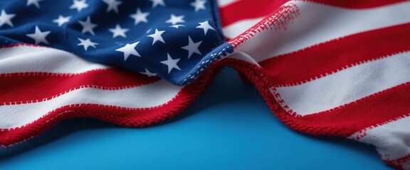 Close-up View of an American Flag Draped on a Blue Background Celebrating Independence Day