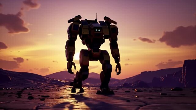 Robot strides across alien landscape with sunset. Artful robot, dramatic sky, rocky terrain