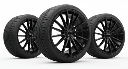 Sleek black car wheels and tires displayed on white showcasing modern automotive design and performance
