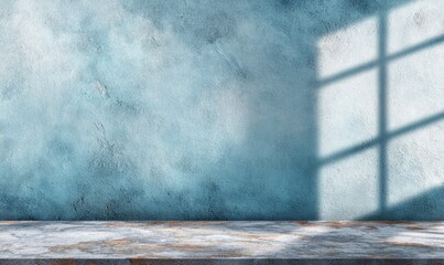 Light-dappled, muted blue wall with window shadow, rustic tabletop