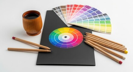 Creative design tools color wheel swatches pencils cup of coffee workspace background