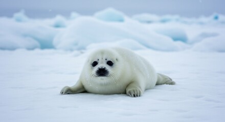 Obraz premium Adorable white seal pup rests peacefully on snowy arctic ice under soft diffused light. AI Generated