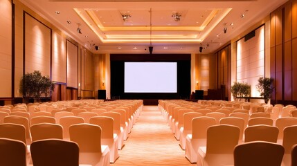 Spacious conference hall with empty rows of chairs facing a large screen, ideal for presentations and events