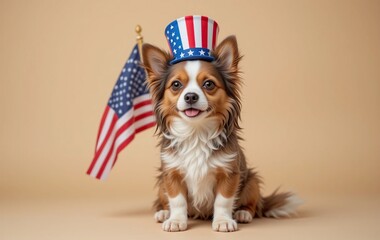 Patriotic Pup: Adorable Chihuahua in Uncle Sam Hat with American Flag