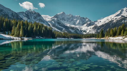 Turquoise Lake with Snow-Capped Mountains and Reflections