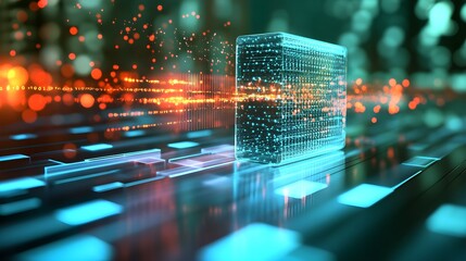 Futuristic Glowing Data Cube Processing Information on a Digital Circuit Board, Symbolizing Big Data, AI, and High-Speed Computing.