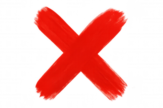 Red paint brush stroke cross on transparent background, ideal for indicating denial, refusal, or rejection