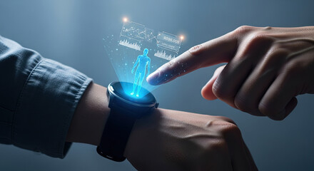Finger touches futuristic watch displaying digital human body and medical data analysis