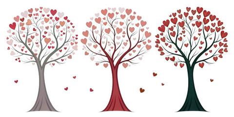 Obraz premium Three stylized trees adorned with numerous heart shaped leaves in shades of pink and red isolated on transparent background