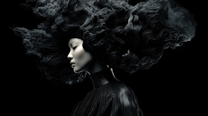 A woman's profile is obscured by dark, swirling hair or smoke against a black background. The image represents concepts of deep thought, mystery, darkness, and inner turmoil.