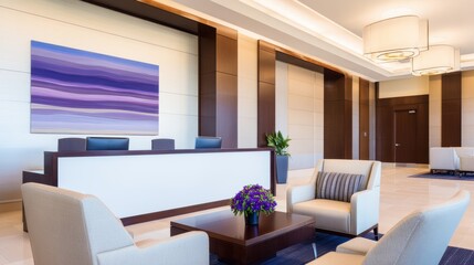Fototapeta premium Modern hotel lobby featuring sleek furniture, vibrant artwork, and a welcoming atmosphere