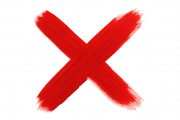 Red paint crossing diagonally, creating bold x-shaped mark against transparent backdrop, symbolizing denial