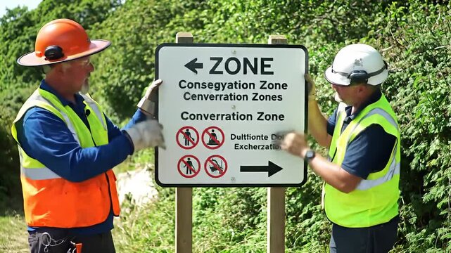 Two workers install a conservation zone sign on a wooded path, bright vests & hard hats
