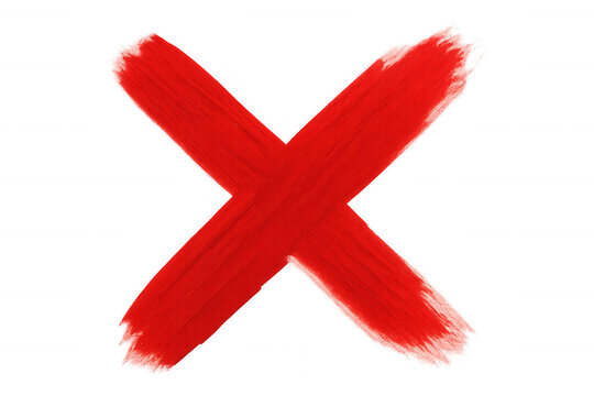 Red paint crossing diagonally, creating bold x-shaped mark against transparent backdrop, symbolizing denial