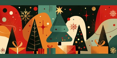 Obraz premium An illustration of a Christmas scene with abstract festive trees, snowflakes, and wrapped gifts. The image is a vector pattern or banner showing holiday and winter concepts.