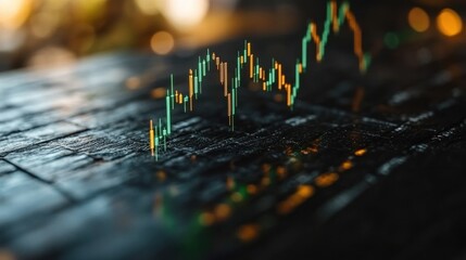 Dynamic Financial Candlestick Chart Glowing Above a Dark Textured Surface with Bokeh Lights