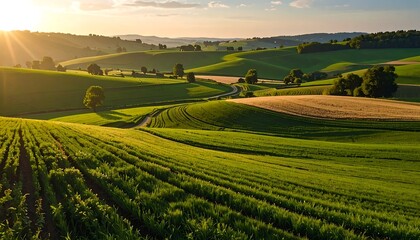 A picturesque vista of rolling hills and fields, bathed in the golden light of a tranquil sunset.
