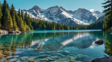 Turquoise Lake with Snow-Capped Mountains and Reflections