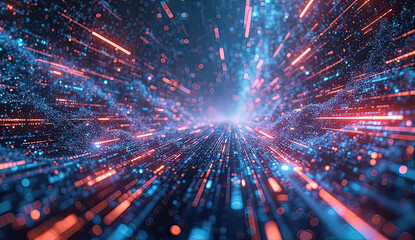 Fototapeta premium Vibrant neon-colored liquid waves with glowing particles drifting through cinematic lighting. A futuristic abstract art piece with smooth gradients and luminous effects.