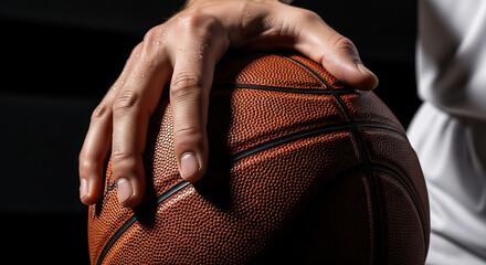 Close up of a sweaty basketball player's hand resting on a damp orange basketball against a dark moody background highlighting skill and dedication