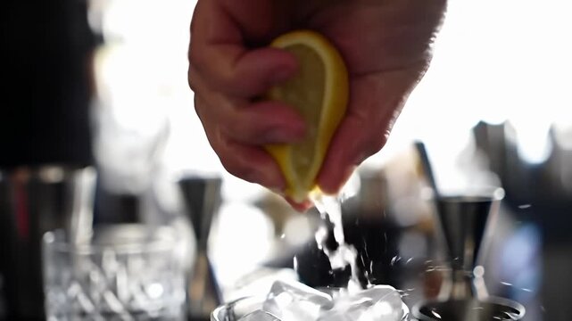 Hand squeezes a lemon half over a glass of ice; bartender is visible in the background