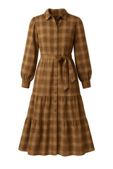 Obraz premium Elegant Brown Plaid Midi Dress with Belt and Long Sleeves for Women