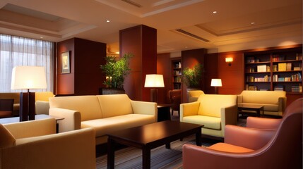 Fototapeta premium Cozy hotel lounge featuring soft lighting, comfortable seating, and a welcoming atmosphere with bookshelves