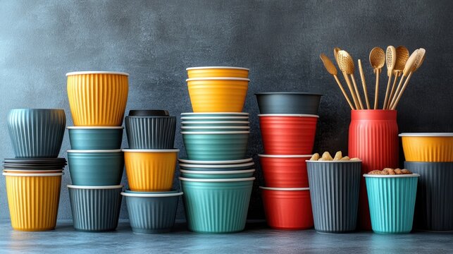 Colorful Ribbed Containers and Golden Utensils in a Modern Still Life Composition